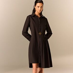 Commense Asymmetric Pleated Hem Black Shirt Dress with Gold Buckle size XS ❤️